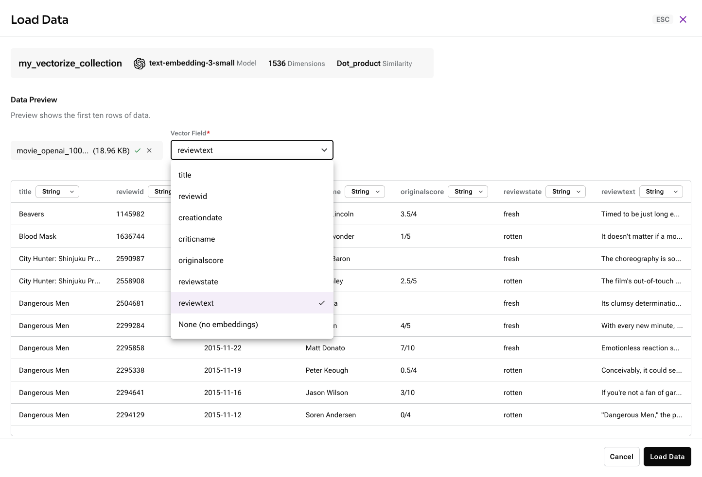 The Load Data dialog with Vector Field dropdown expanded.