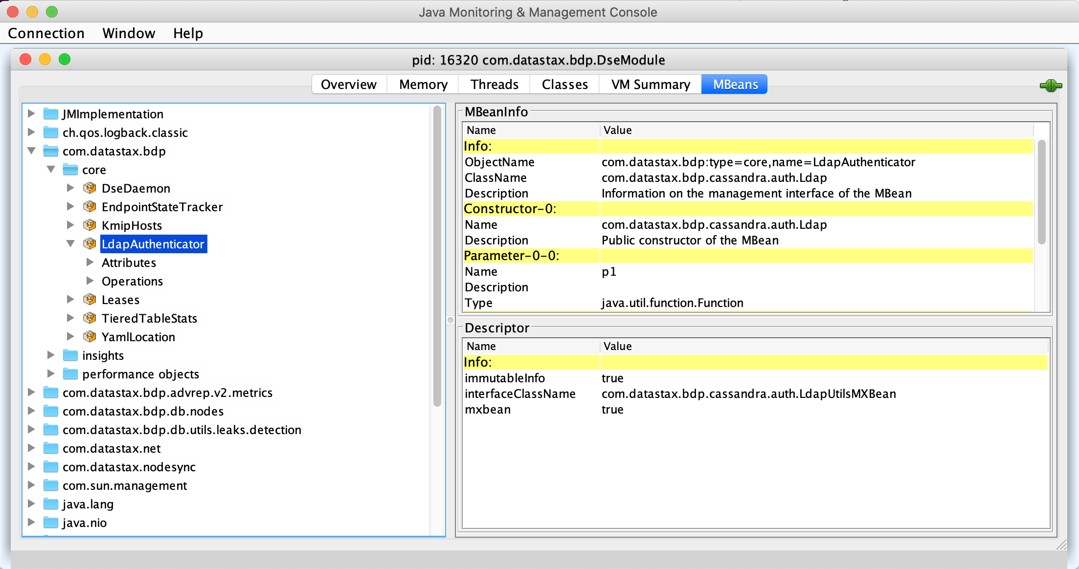 The LdapAuthenticator bean on the MBeans tab of a running JConsole session