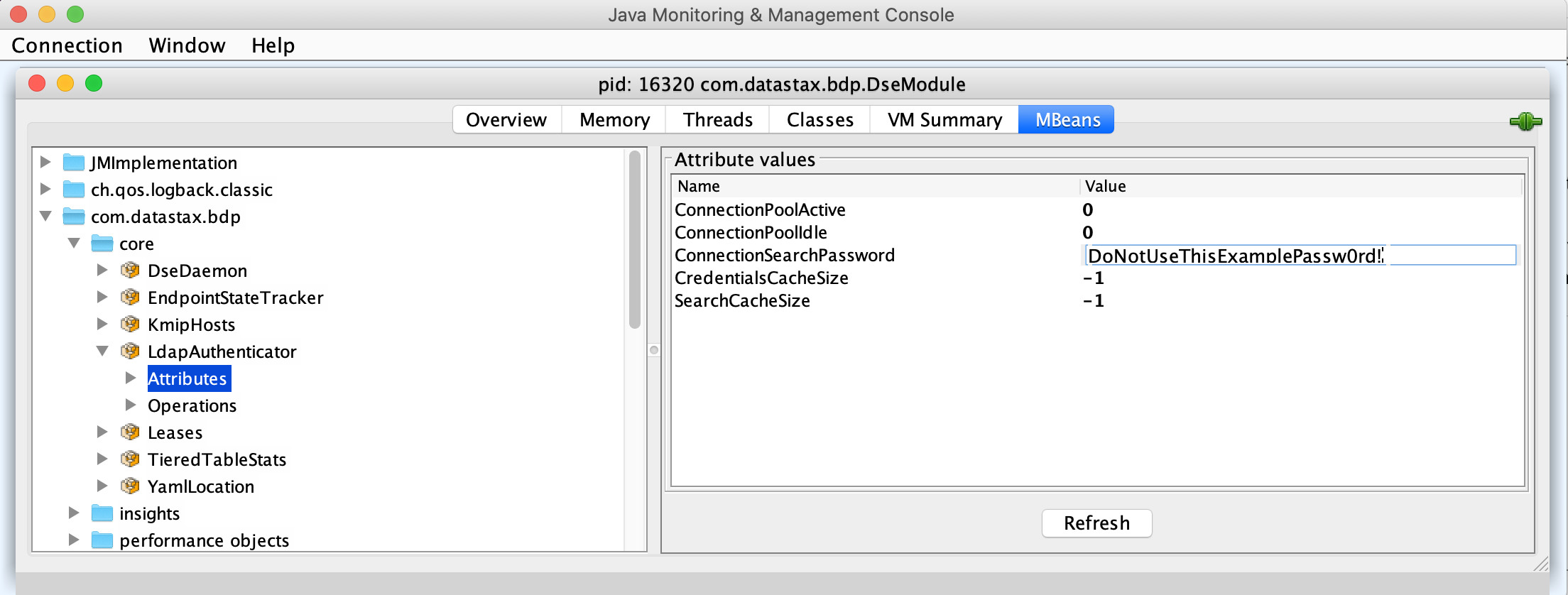 Setting a new ConnectionSearchPassword attribute’s value in JConsole