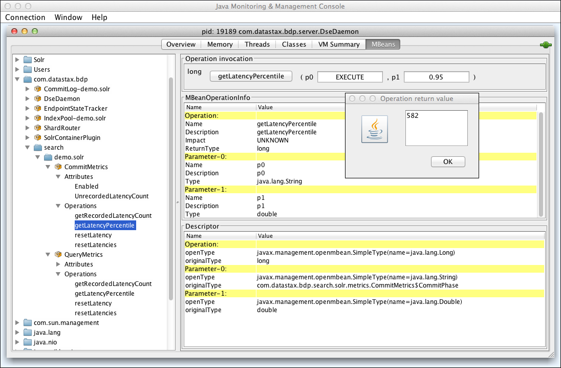 The JConsole CommitMetrics getLatencyPercentile operation return value
