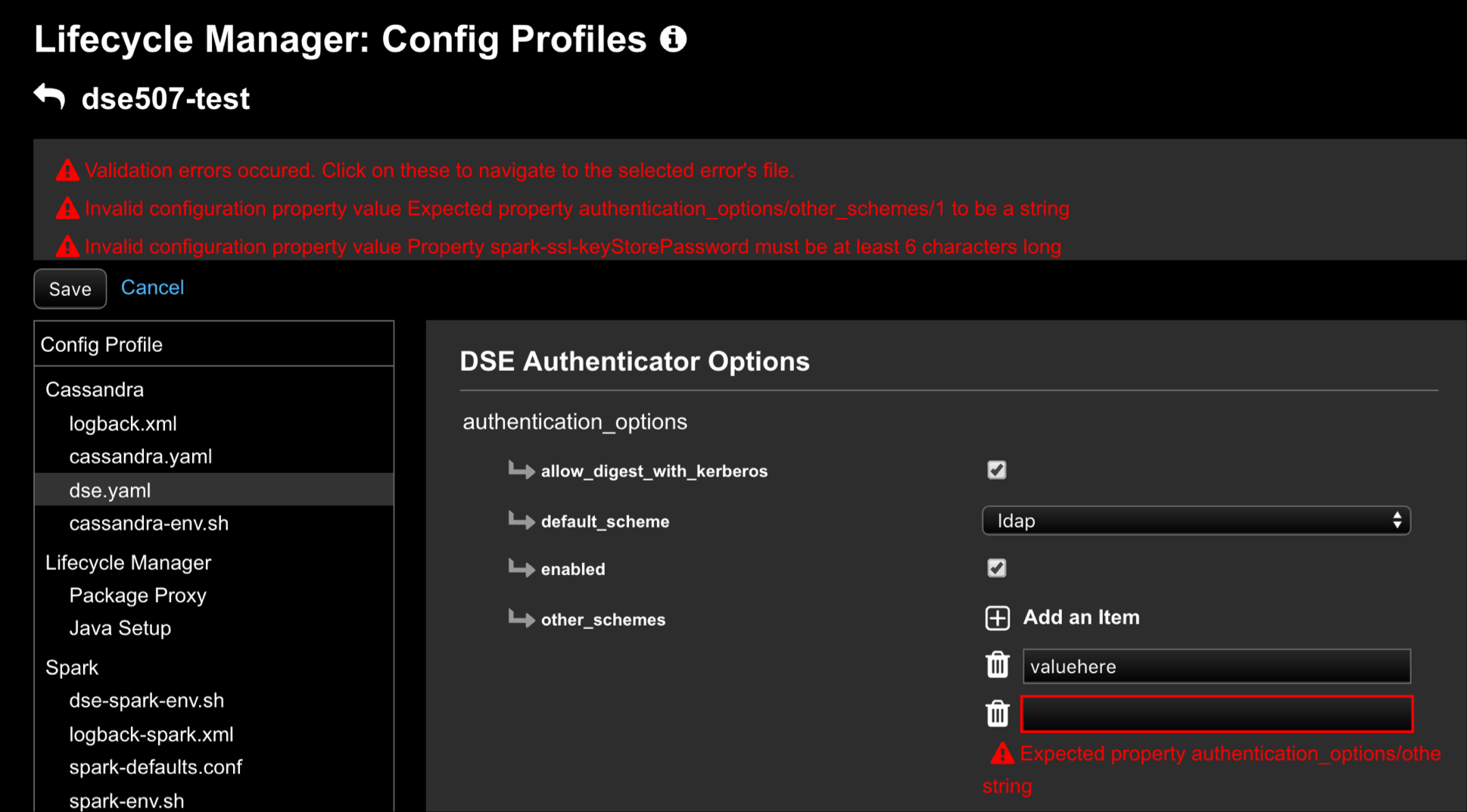 Prompts to correct validation errors in LCM Config Profiles