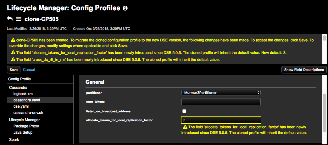 Validation notifications for clone config profiles LCM