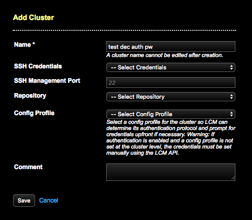LCM Add Cluster dialog