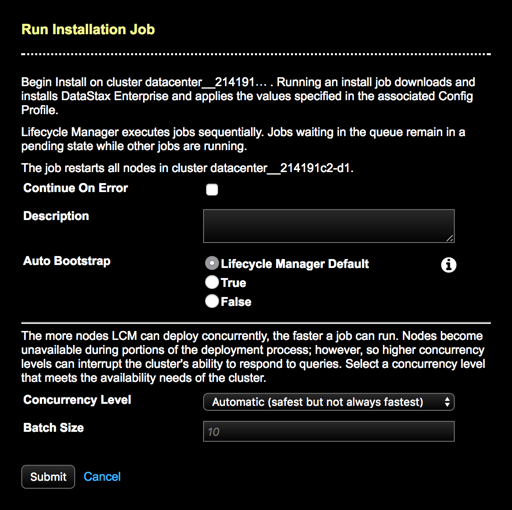 Run Install (DSE) job dialog in LCM