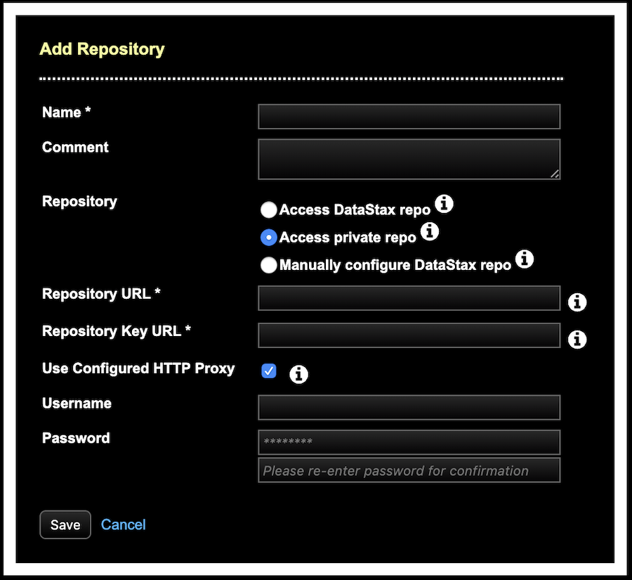 Enter the repository URL and its key if downloading from a private repository rather than the DataStax repository
