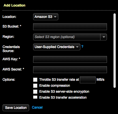 Add Location dialog S3 location with Retention Policy for scheduled backups