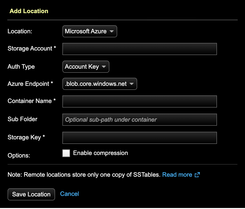 Backup Service screen for Microsoft Azure