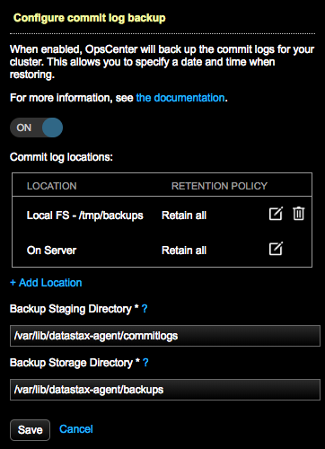 Configure commit log backup dialog for Point-in-Time restores