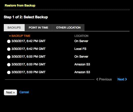 Step 1 of 2: Select Backup