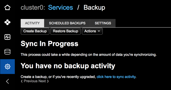 The Backup Service Activity tab while data synchronization is in progress
