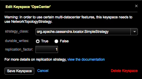 Edit Keyspace dialog