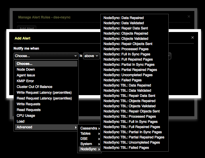 Alerts Advanced > NodeSync > menu