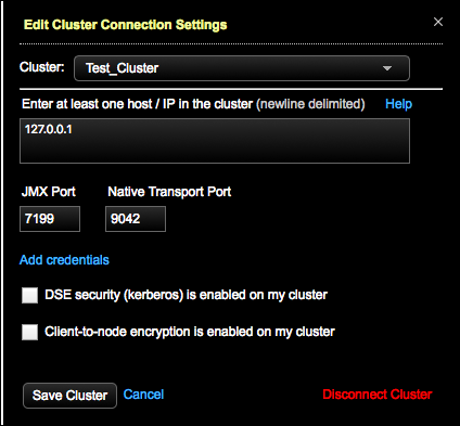 Collapsed view Edit Cluster Connections Settings in OpsCenter Monitoring