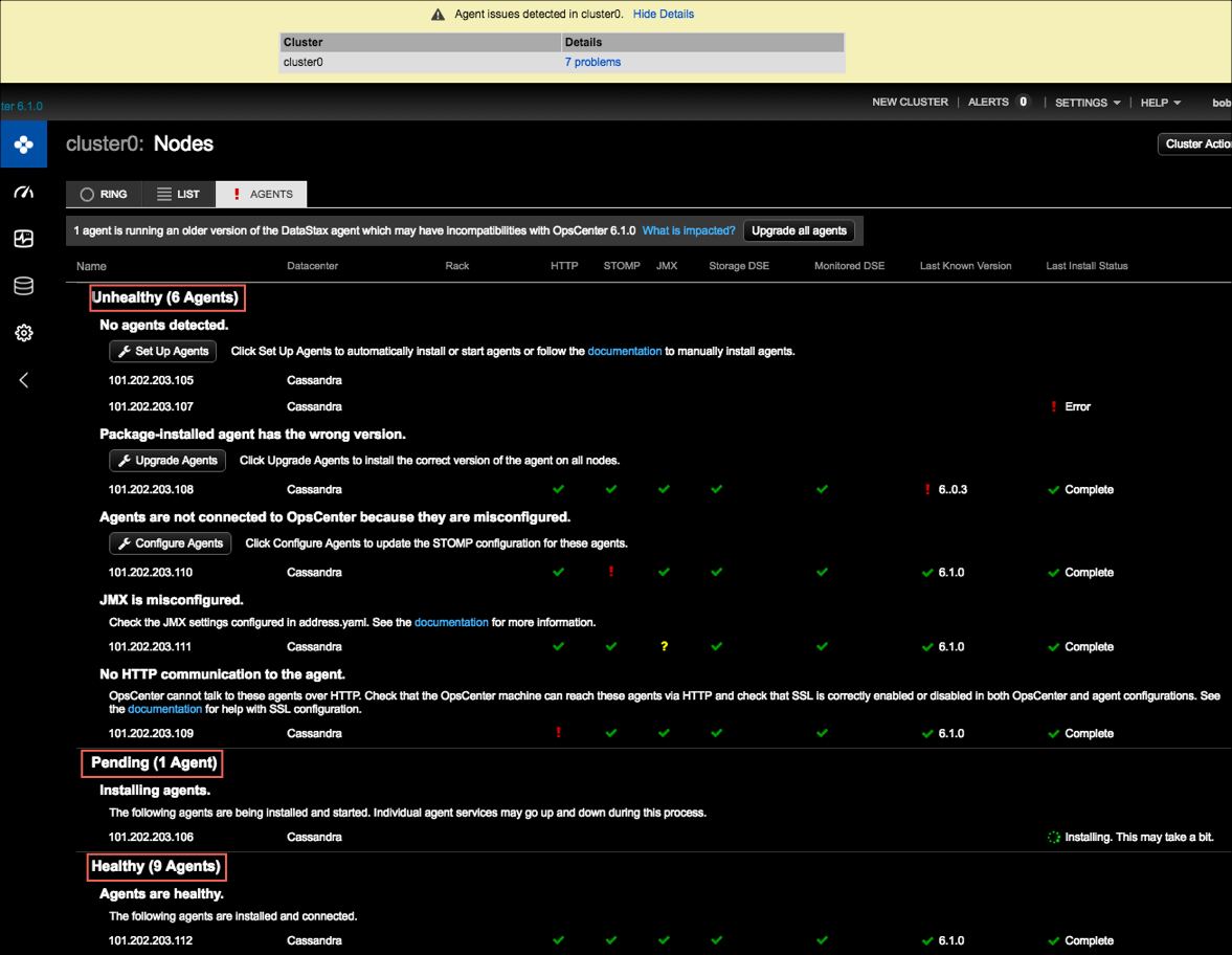 Agents view showing multiple issues and available remedies