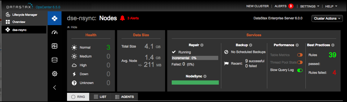 Nodes status panels show Health