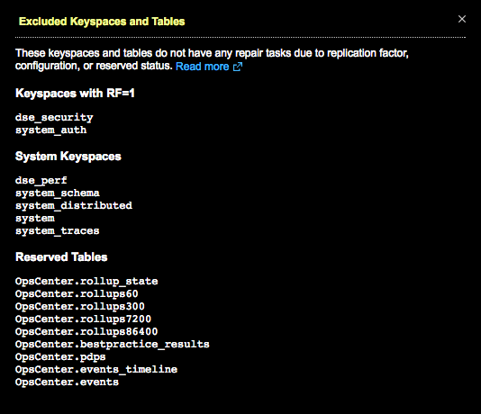 View-only dialog showing all keyspaces and tables excluded from subrange repairs