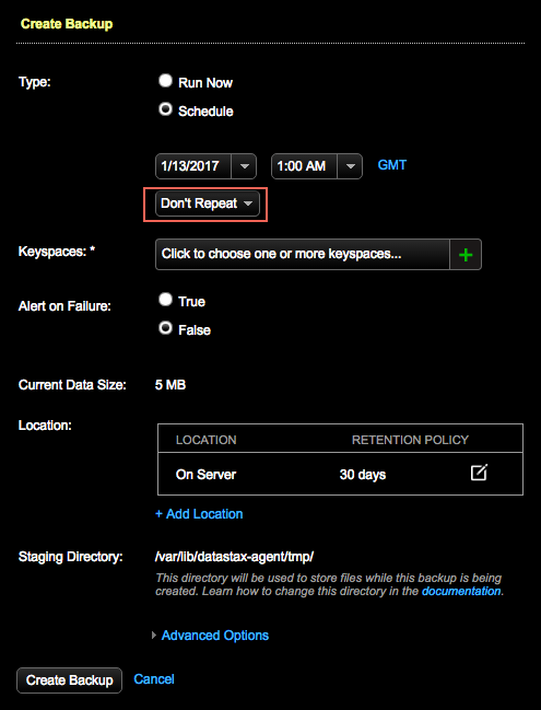 Don’t Repeat option for scheduled backup