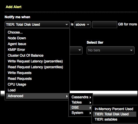 Navigation menus to tiered storage alerts
