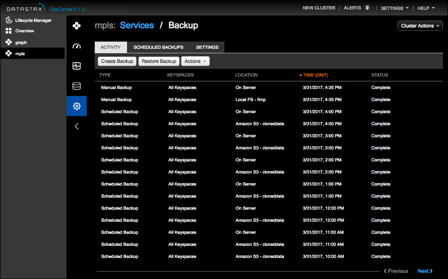 View populated backup history in the Activity tab
