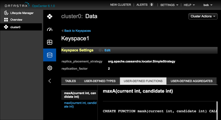 User-Defined Functions view in OpsCenter